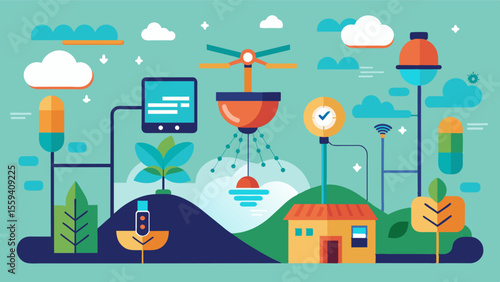 An illustration of a comprehensive irrigation management system that includes sensors drones weather stations and remote controls.. Vector illustration