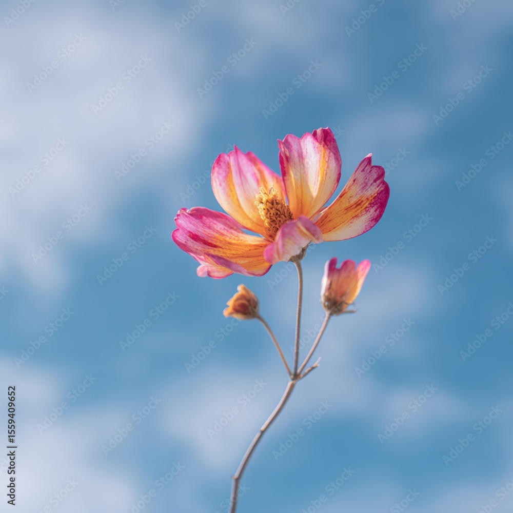 Fototapeta premium Floral Elegance of a Delicate Cosmos Flower Against a Bright Blue Sky with Soft Cloud Background