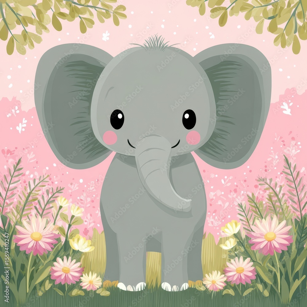 Fototapeta premium Adorable Baby Elephant in Pink Flower Field Illustration