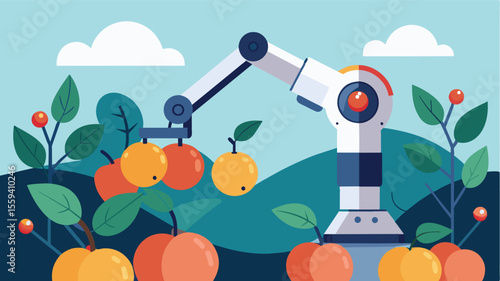 A robotic arm equipped with AI technology carefully plucks ripe fruits from trees ensuring no damage is done to the delicate produce.. Vector illustration