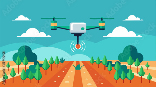 A precision planting drone navigating through a field while avoiding obstacles and adjusting planting patterns accordingly.. Vector illustration