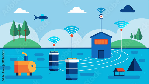 A wireless sensor network that sends realtime data on water quality to a central control station allowing for remote monitoring and management of aquaculture facilities.. Vector illustration