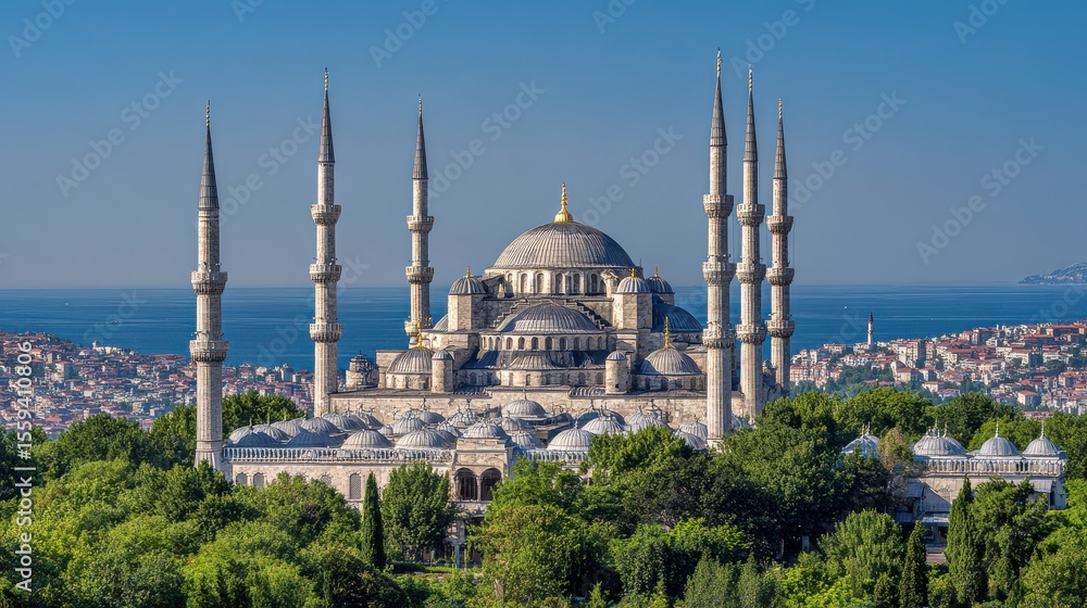 Fototapeta premium Majestic Blue Mosque, Istanbul, with Six Minarets & Serene Skyline on Clear Blue Sky
