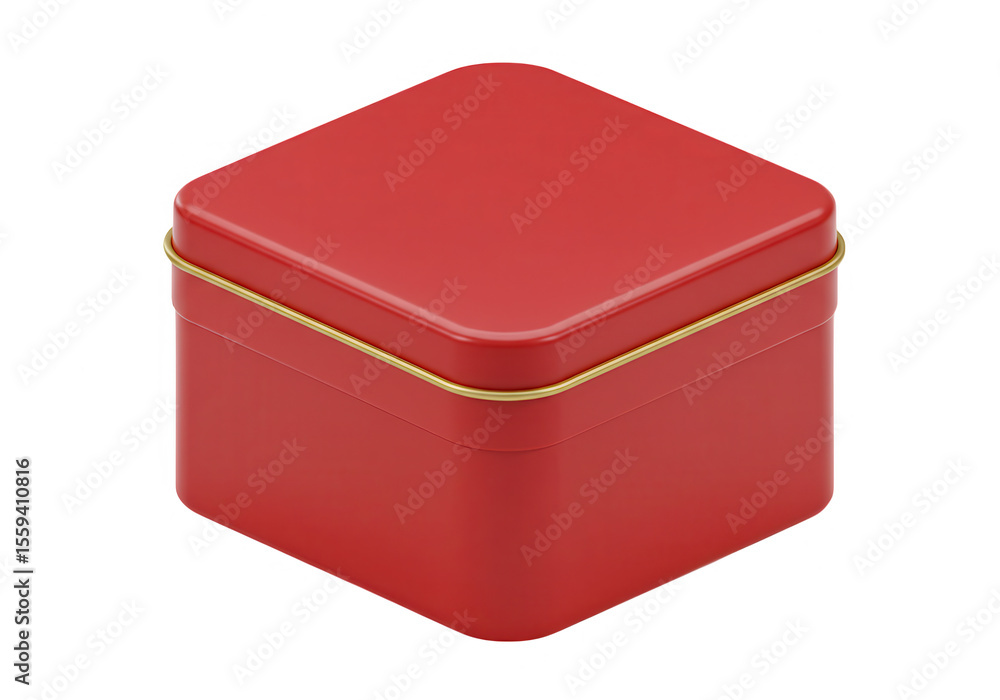 A square red metal tin box with a thin gold rim, isolated on transparent background A square red metal tin box with a thin gold rim, isolated on transparent background