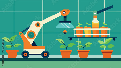 A robotic arm attached to a pharmacy cart navigating through a greenhouse and administering precise doses of micronutrients to potted plants.. Vector illustration