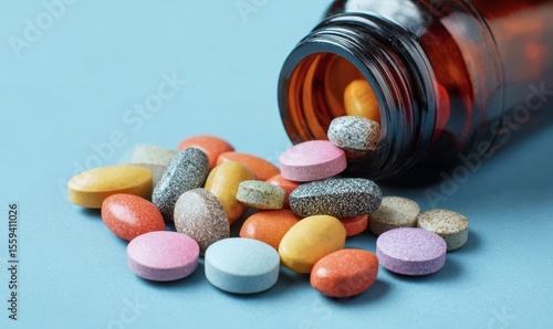 Colorful Pills Spilling from Amber Bottle on Light Blue Background
