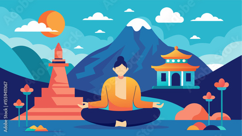 Deep in meditation a digital nomad finds inspiration and clarity in the peaceful atmosphere of a secluded monastery.. Vector illustration
