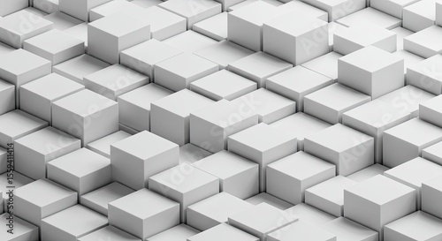 Abstract 3d geometric pattern of white cubes with varying heights and shadows