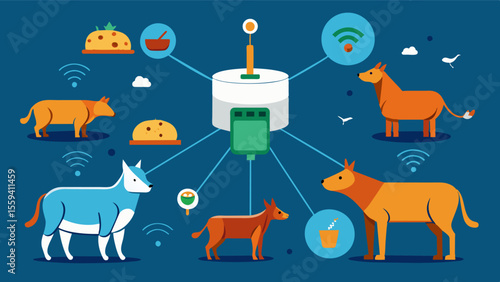 An automated feeding system using advanced sensors to track the eating patterns of individual animals detecting changes that could indicate sickness or disease.. Vector illustration