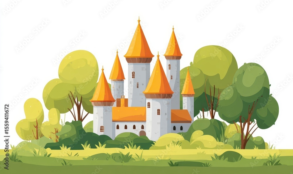 Naklejka premium Fairytale Castle Illustration White Stone Towers and Orange Roofs Amidst Lush Green Trees