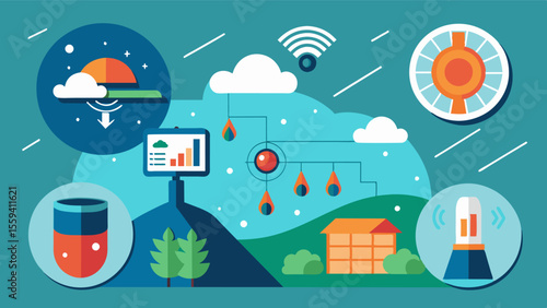 An advanced weather forecasting system using AI and satellite imagery to predict upcoming weather patterns and help farmers plan their resource allocation accordingly.. Vector illustration