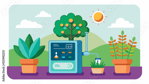 A smart irrigation controller automatically adjusts watering frequency based on the season and plant type.. Vector illustration