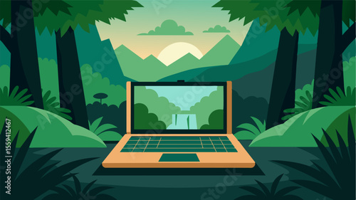 In the heart of the jungle a laptop sits on a veranda its screen reflecting the untamed beauty of the surrounding wilderness.. Vector illustration