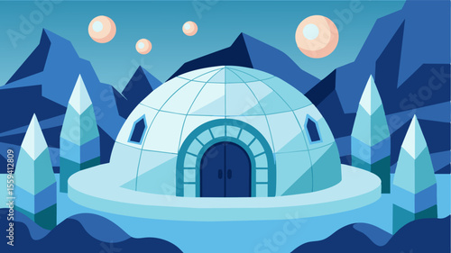 The igloos ceiling adorned with intricate ice sculptures and crystals handcrafted by the nomad during moments of creative inspiration.. Vector illustration