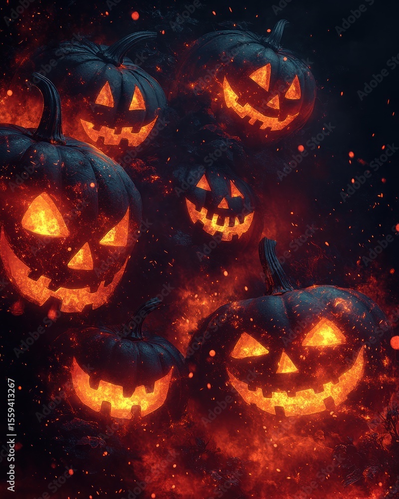 Fototapeta premium Glowing Halloween Jack-o'-lanterns in fiery background