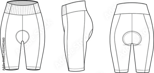 Technical flat sketch, padded cycling shorts, side and back view, apparel design template, vector outline, CAD drawing for fashion