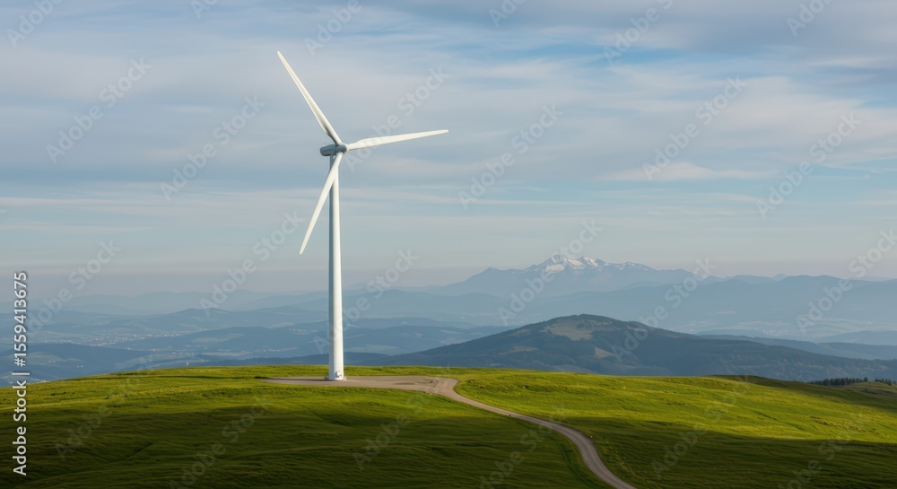 Fototapeta premium Majestic Wind Turbine Standing Tall on a Grassy Hilltop Under a Partly Cloudy Sky with Distant Snow Capped Mountains