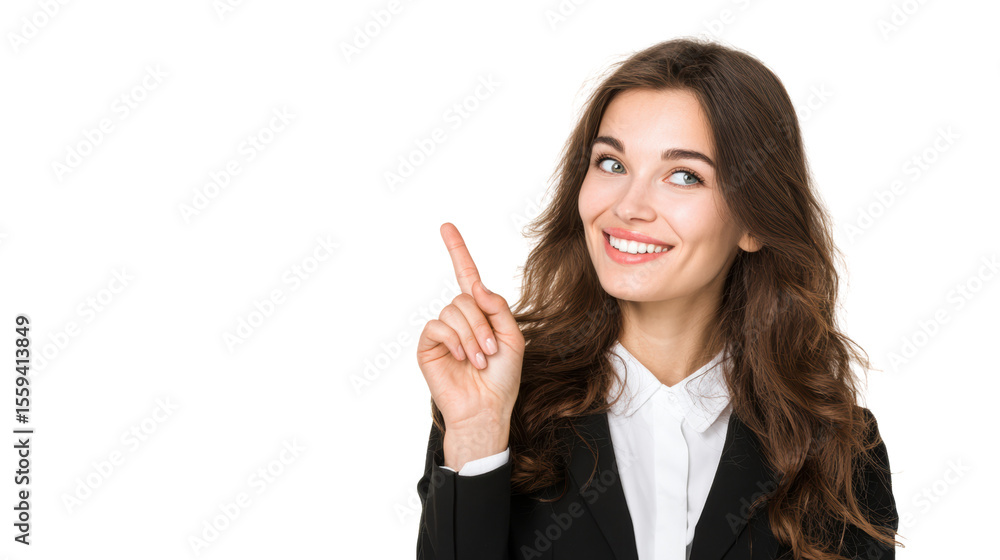 Smiling businesswoman pointing up, expressing ideas and creativity, white isolated background. Smiling businesswoman pointing up, expressing ideas and creativity, white isolated background.
