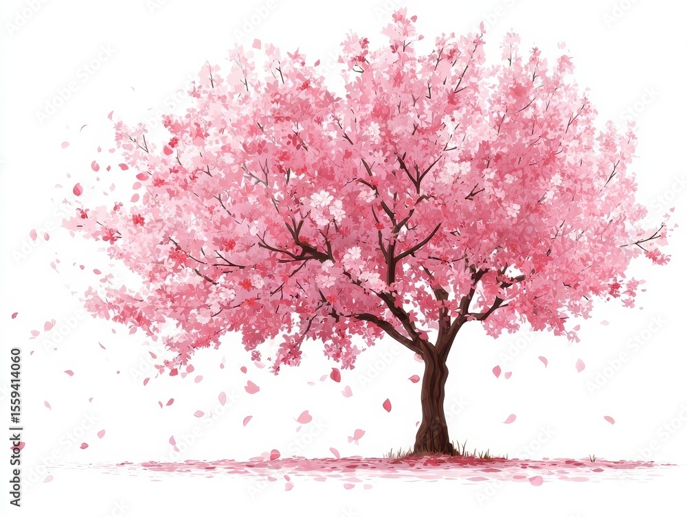 Fototapeta premium Pink Cherry Blossom Tree in Gentle Breeze on White Background
