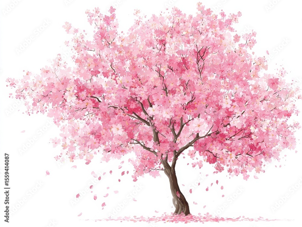 Fototapeta premium Pink Cherry Blossom Tree with Falling Petals on White Background