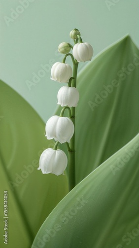 Close-up of white lily of the valley flowers with green leaves on a soft pastel green background