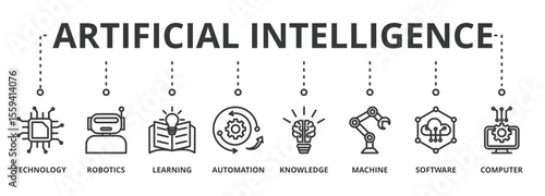 Artificial intelligence banner concept illustration with icon of technology, robotic, learning, automation, knowledge, machine, software and computer