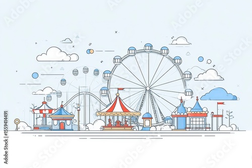 Pixel Art Amusement Park Illustration Ferris Wheel and Carousel