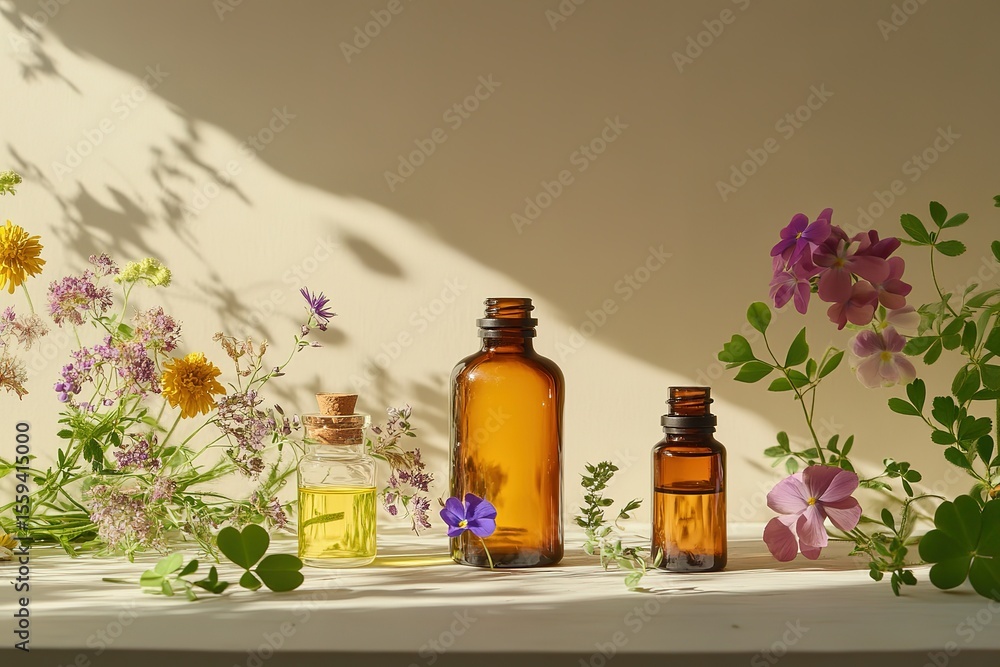 The photo shows three essential oil bottles on the table, surrounded by various flowers and plants such as clover or violet, which symbolize natural beauty and tranquility. The brown glass bottle The photo shows three essential oil bottles on the table, surrounded by various flowers and plants such as clover or violet, which symbolize natural beauty and tranquility. The brown glass bottle