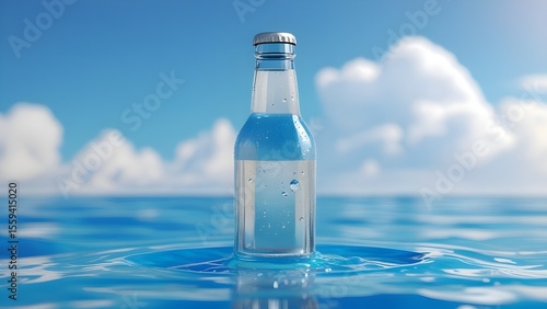 Refreshment in a transparent plastic bottle of clean, cold mineral water on a beach