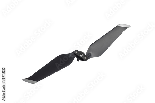 Black drone propeller blade isolated on white background.
Single aerial propeller for drone or quadcopter, close-up view.