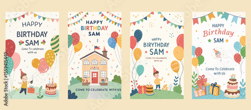 Four birthday invitation templates feature balloons cake gifts and celebratory banners