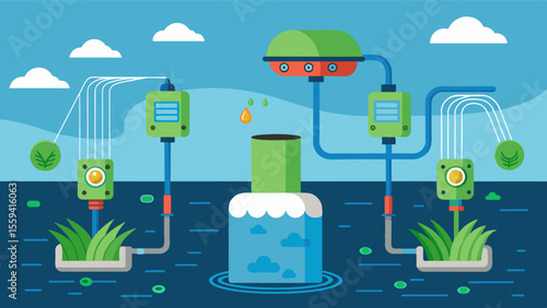An automated water circulation system equipped with sensors that detect the presence of algae and other contaminants preventing growth and minimizing the need for chemical. Vector illustration