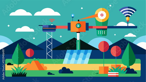 An AIpowered irrigation system that utilizes satellite imaging to detect droughtprone areas and adjust irrigation accordingly.. Vector illustration