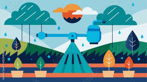An automated irrigation system controlled by AI precisely waters crops based on weather patterns and soil moisture levels.. Vector illustration
