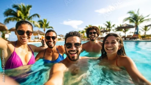 Wallpaper Mural Cheerful Friends Enjoying Poolside Fun and Taking a Group Selfie in Paradise Vacation Torontodigital.ca