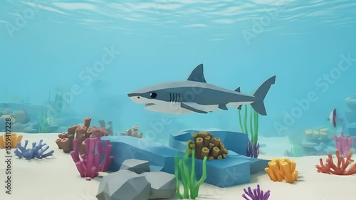 Wallpaper Mural Low poly baby shark swimming in faceted underwater ocean background Torontodigital.ca