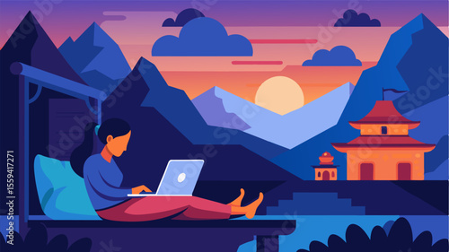 As the sun sets over the tranquil monastery the digital nomad settles into their cozy techenhanced sleeping quarters catching up on emails and social media before drifting off to. Vector illustration