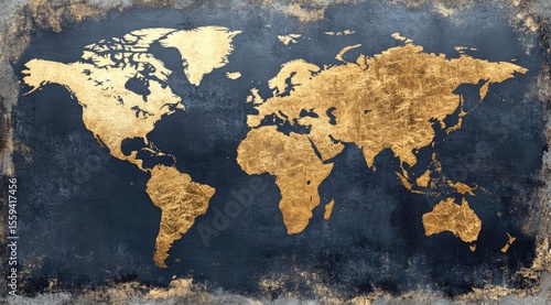Gold world map on distressed dark background