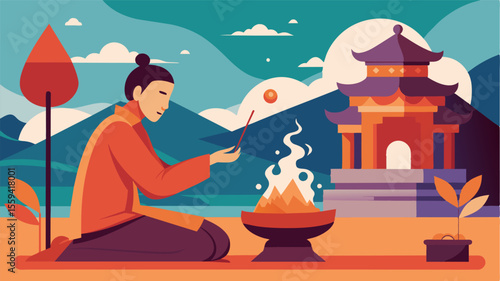 The refreshing scent of incense wafts through the air as a digital nomad finds solace in peaceful monastery accommodations.. Vector illustration
