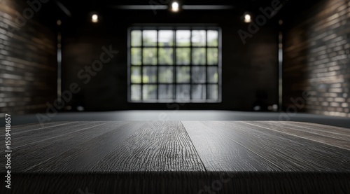 Dark, modern, industrial room with wooden tabletop and large window