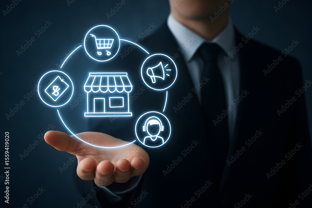 Businessman's hand illuminates a comprehensive digital retail ecosystem with interconnected services. Businessman's hand illuminates a comprehensive digital retail ecosystem with interconnected services.