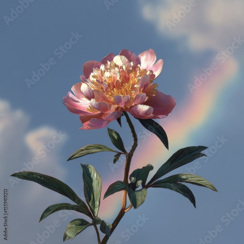 Delicate pink peony flower with golden center against a light blue sky with soft clouds and rainbow glow