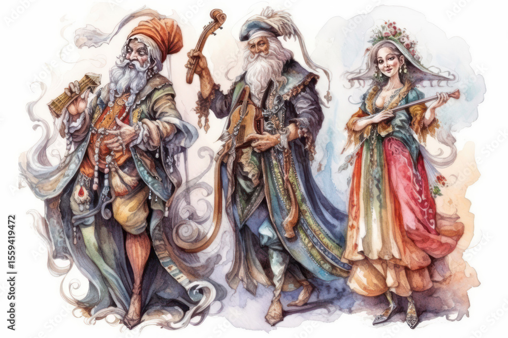 Fototapeta premium Watercolor illustration in fairy-tale and fantasy style, depicting three musicians in luxurious oriental attire. 