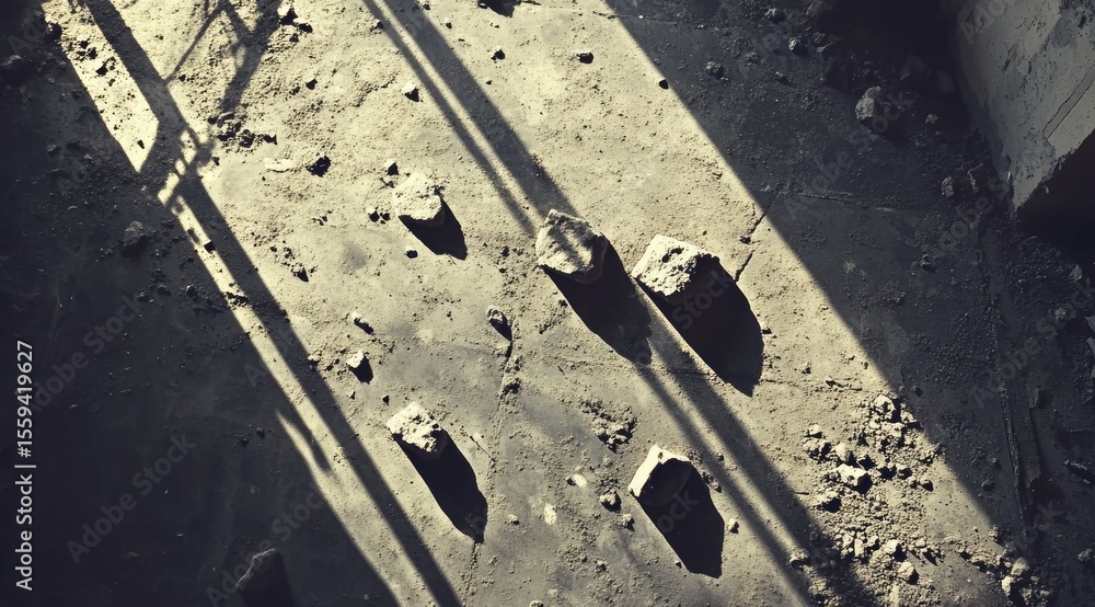 Sun-dappled, dusty interior floor. Shadows of debris Sun-dappled, dusty interior floor. Shadows of debris