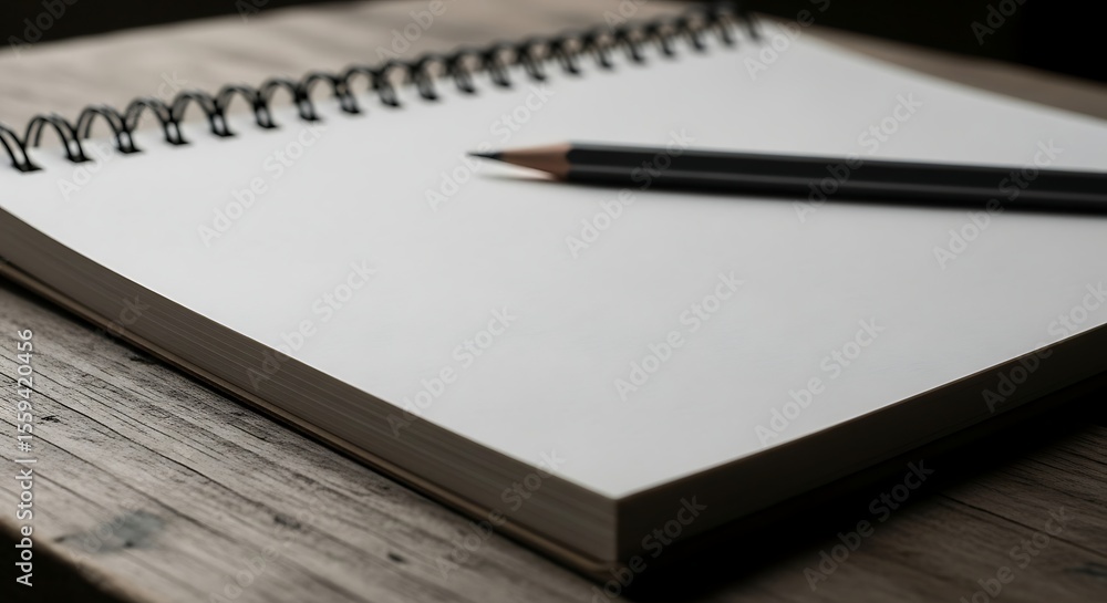 Blank spiral notebook and pencil on rustic wooden surface for creativity Blank spiral notebook and pencil on rustic wooden surface for creativity