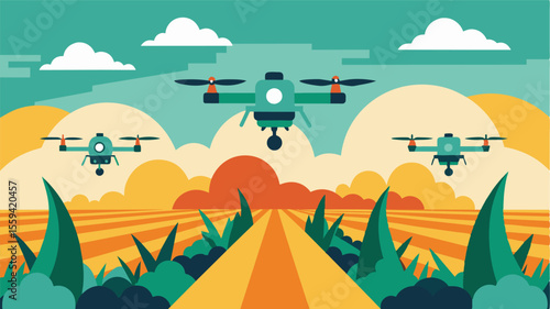 An illustration depicting how drones can navigate through hardtoreach areas of a crop field ensuring that every inch of land is fertilized.. Vector illustration