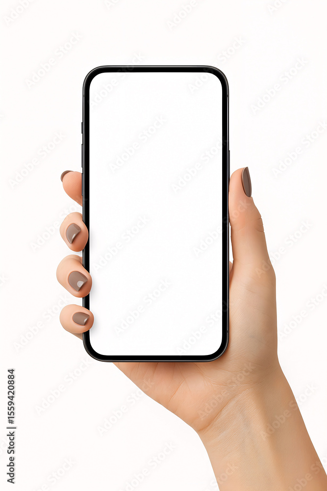 Close up of a hand holding a smartphone with blank white screen against a bright background providing space for mockups and designs.