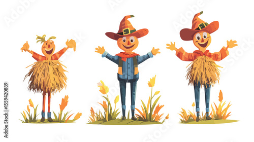 Whimsical Exhaust with Scarecrows Cartoon Character Vector Illustration