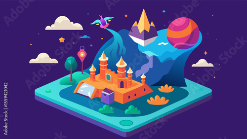 A vivid and detailed illustration of a fantasy world coming to life on a users device demonstrating the power of imagination and creativity stimulated by interactive storytelling. Vector illustration