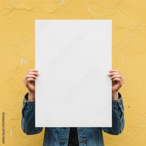 Concealed Identity Mockup: Person Holding Blank White Poster Against Vibrant Yellow Textured Wall, Perfect for Creative Messaging and Design Overlays
